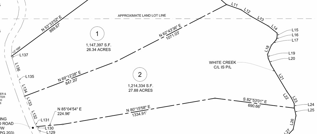Map showing land lots with measurements and acreage details.